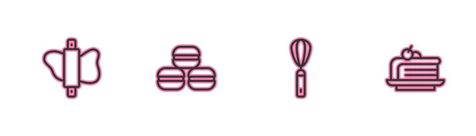 Set line Rolling pin on dough, Kitchen whisk, Macaron cookie and Piece of cake Illustration