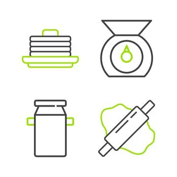 Set line Rolling pin on dough, Can container for milk, Scales and Stack of Stock Illustration