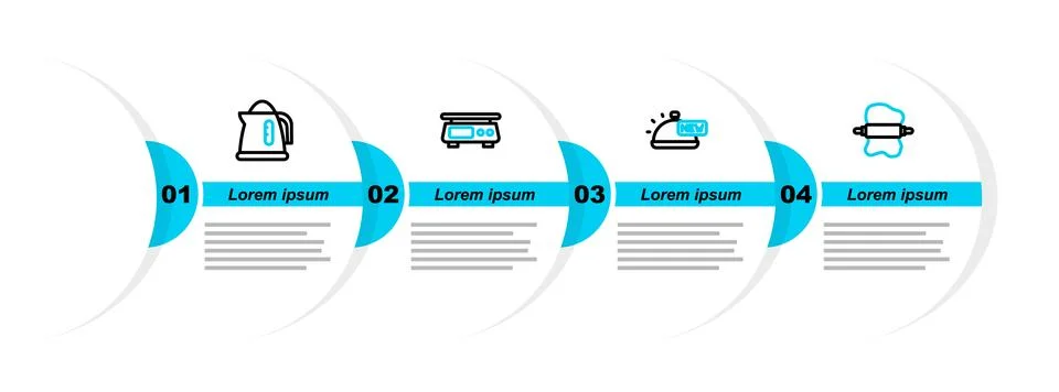 Set line Rolling pin on dough, Covered with tray of food, Electronic scales and Stock Illustration