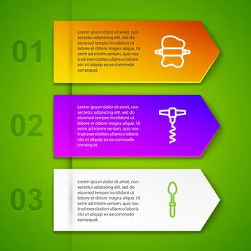 Set line Rolling pin on dough, Wine corkscrew and Teaspoon. Business infographic 库存插图