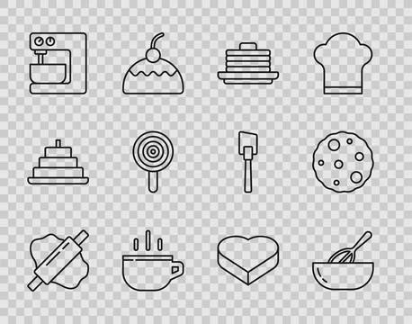 Set line Rolling pin on dough, Kitchen whisk and bowl, Stack of pancakes, Coffee Stock Illustration