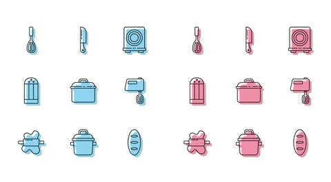 Set line Rolling pin on dough, Cooking pot, Kitchen whisk, Bread loaf, Electric Stock Illustration