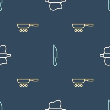Set line Rolling pin on dough, Frying pan and Knife on seamless pattern. Vector Stock Illustration
