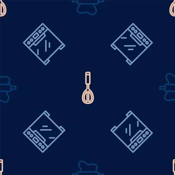 Set line Rolling pin on dough, Oven and Kitchen whisk on seamless pattern Stock Illustration