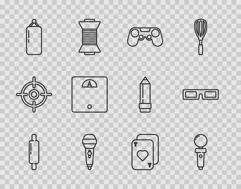 Set line Rolling pin, Joystick for arcade machine, Gamepad, Microphone, Punching Stock Illustration