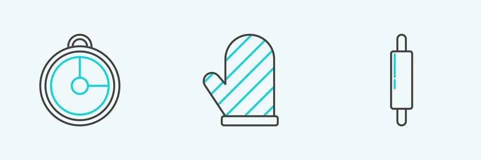 Set line Rolling pin, Kitchen timer and Oven glove icon. Vector Stock Illustration