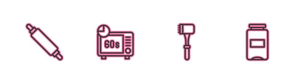Set line Rolling pin, Kitchen hammer, Microwave oven and Jam jar icon. Vector Illustrazione stock