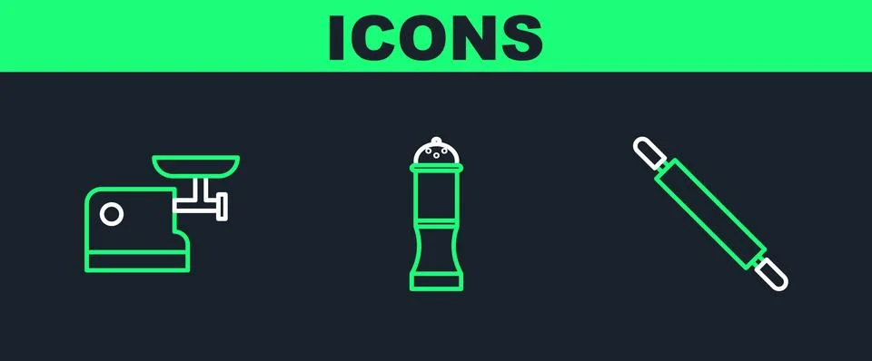 Set line Rolling pin, Kitchen meat grinder and Pepper icon. Vector Stock Illustration
