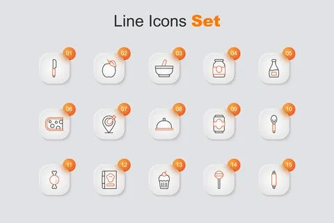 Set line Rolling pin, Lollipop, Muffin, Cookbook, Chicken leg, Spoon, Soda .. Stock Illustration
