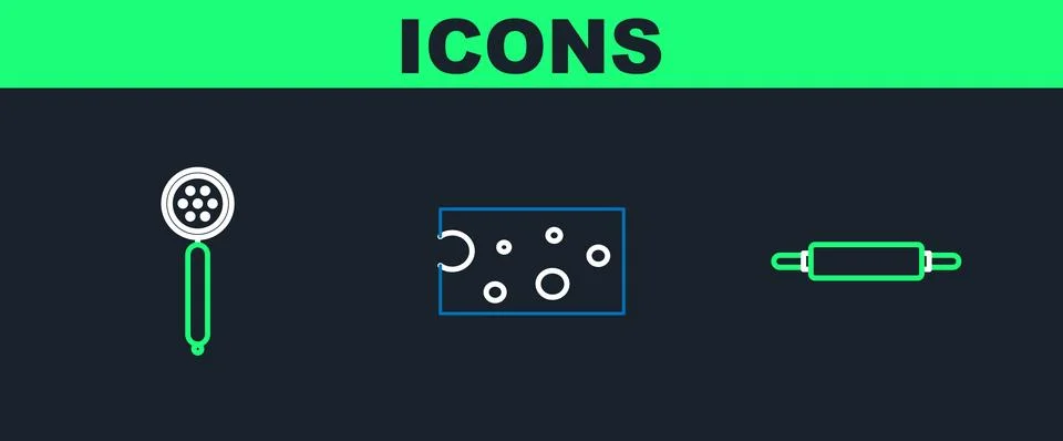 Set line Rolling pin, Strainer spoon and Cheese icon. Vector 库存插图