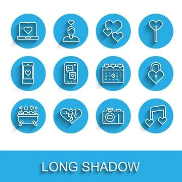 Set line Romantic in bathroom, Broken heart or divorce, Dating app online, .. Stock Illustration