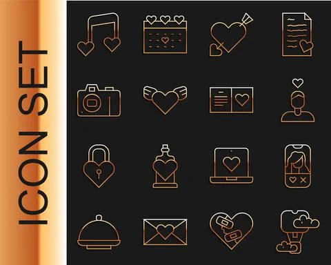 Set line Romantic hot air balloon, Dating app online, Couple love, Amour with Stock Illustration
