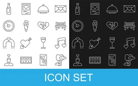 Set line Romantic hot air balloon, Music note, tone with hearts, bench, Covered Stock Illustration