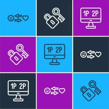 Set line Romantic relationship, Computer monitor screen and Lock with key icon Stock Illustration