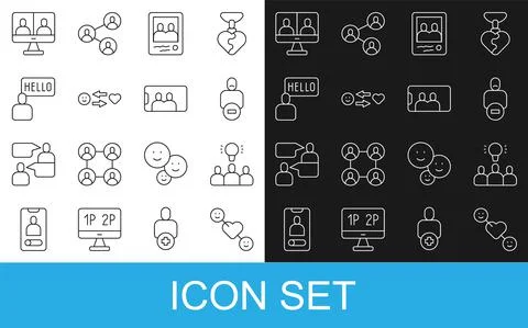 Set line Romantic relationship, Project team base, Loss of friend, Family photo Stock Illustration