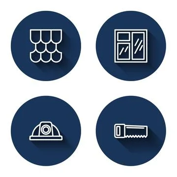 Set line Roof tile, Window in room, Worker safety helmet and Hand saw with long Stock Illustration