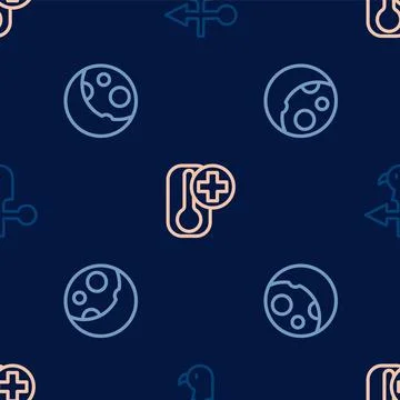 Set line Rooster weather vane, Moon phases and Thermometer on seamless pattern Illustrazione stock