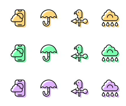 Set line Rooster weather vane, Weather forecast app, Umbrella and Cloud with イラスト素材