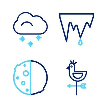 Set line Rooster weather vane, Eclipse of sun, Icicle and Cloud with snow icon Stock Illustration