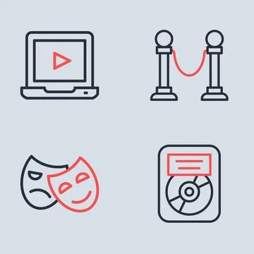 Set line Rope barrier, Comedy and tragedy masks, CD disk award in frame and.. Stock Illustration