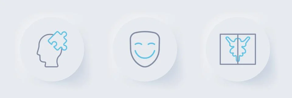 Set line Rorschach test, Comedy theatrical mask and Solution to problem ico.. Stock Illustration