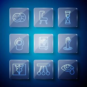 Set line Rorschach test, Pendulum, Tear cry eye, Old hourglass, Psychology book Stock Illustration