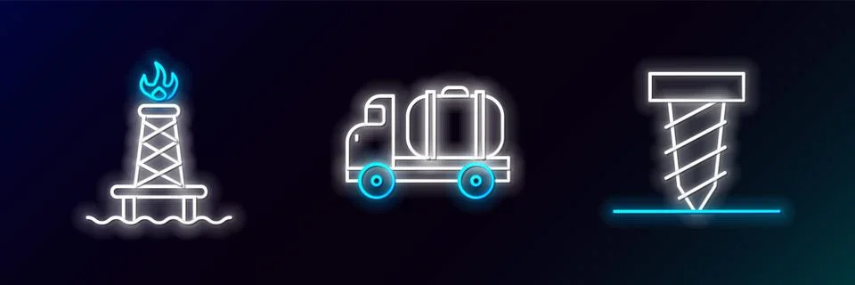 Set line Rotating drill digging a hole, Oil rig with fire and Tanker truck .. Stock Illustration