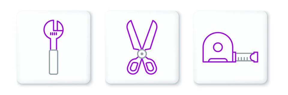Set line Roulette construction, Adjustable wrench and Scissors icon. Vector Illustrazione stock