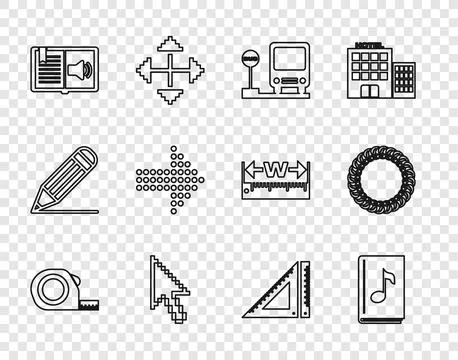 Set line Roulette construction, Audio book, Bus stop, Pixel arrow cursor, D.. Stock Illustration