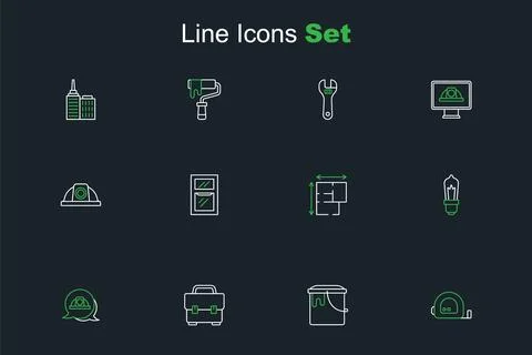 Set line Roulette construction, Paint bucket, Toolbox, Worker safety helmet.. Illustrazione stock