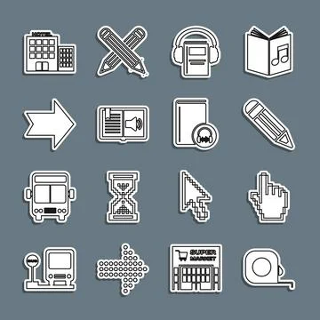 Set line Roulette construction, Pixel hand cursor, Pencil, Audio book, Arrow Stock Illustration