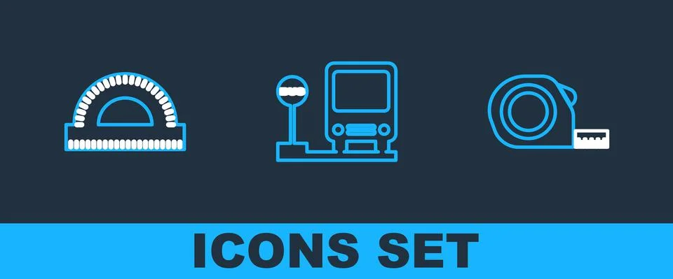Set line Roulette construction, Protractor grid and Bus stop icon. Vector 库存插图