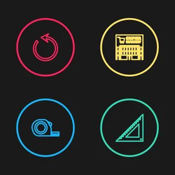 Set line Roulette construction, Triangular ruler, Supermarket building and Stock Illustration