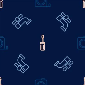 Set line Roulette construction, Water tap and Screwdriver on seamless pattern 스톡 일러스트