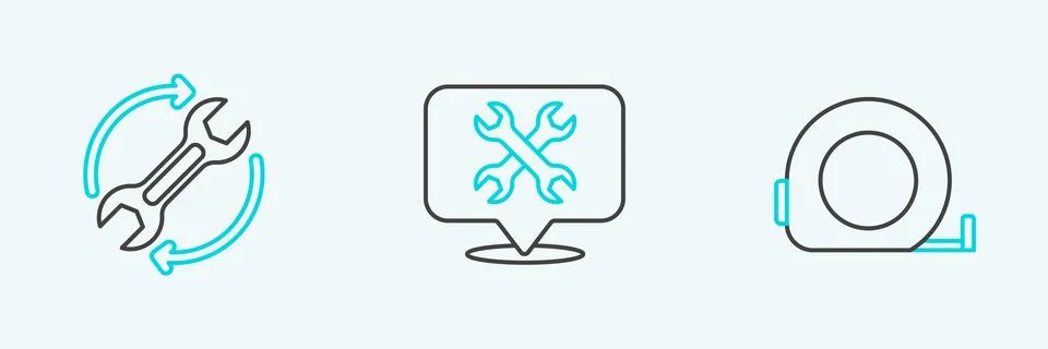 Set line Roulette construction, Wrench and arrows as workflow and Location .. Stock Illustration