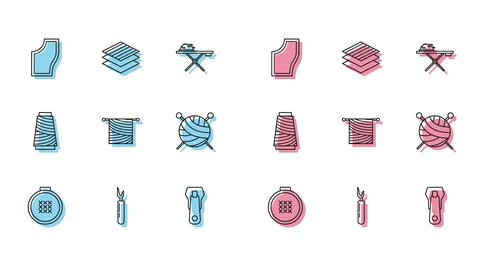 Set line Round adjustable embroidery hoop, Cutter tool, Sewing Pattern, Zipper Stock Illustration