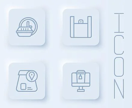 Set line Round the clock delivery, Online ordering food, and . White square Stock Illustration