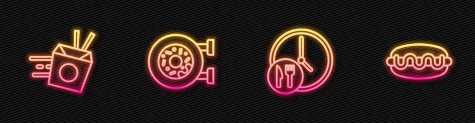 Set line Round the clock delivery, Online ordering noodles, Donut and Hotdog  Stock Illustration