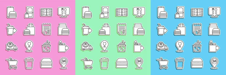 Set line Round the clock delivery, Online ordering and, burger, Restaurant .. Stock Illustration