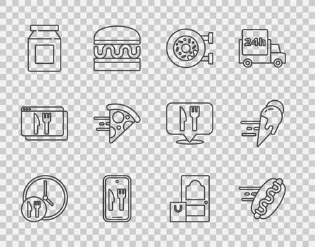 Set line Round the clock delivery, Online ordering hotdog, Donut, and, pizz.. Stock Illustration