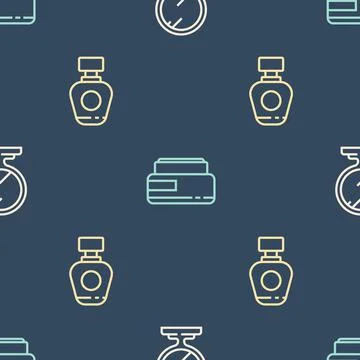 Set line Round makeup mirror, Perfume and Cream lotion cosmetic tube on seamless Ilustração Stock