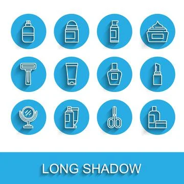 Set line Round makeup mirror, Cream lotion cosmetic tube, Perfume, Scissors Stock-Illustration