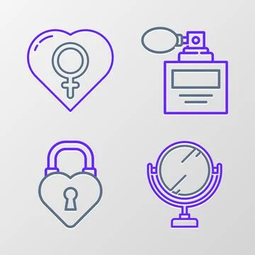 Set line Round makeup mirror, Castle in the shape of heart, Perfume and Femal Stock-Illustration