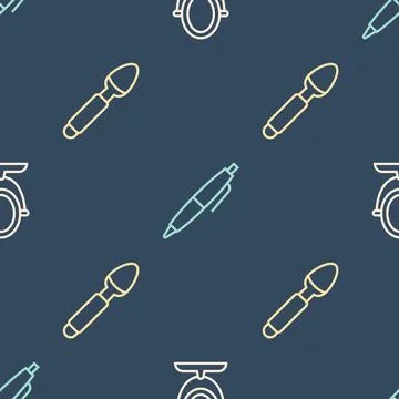 Set line Round makeup mirror, Silver spoon and Pen on seamless pattern. Vector Illustrazione stock