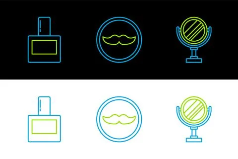 Set line Round makeup mirror, Aftershave and Mustache icon. Vector Illustration