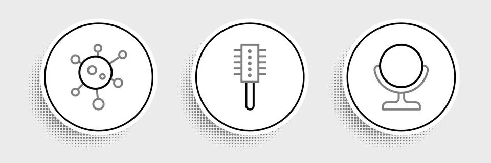 Set line Round makeup mirror, Virus and Hairbrush icon. Vector Illustrazione stock