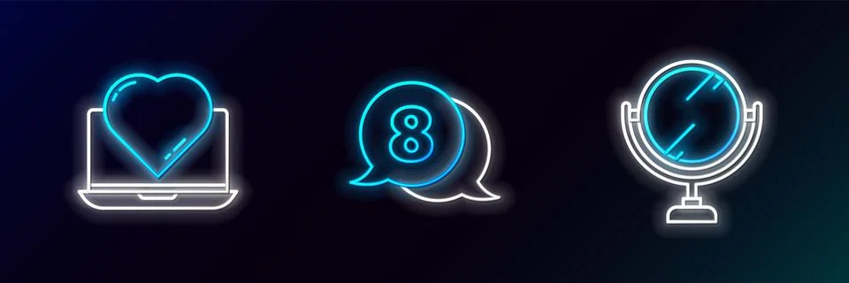 Set line Round makeup mirror, Online dating app and chat and 8 March speech.. Stock Illustration