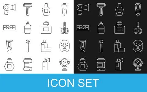 Set line Round makeup mirror, Facial cosmetic mask, Scissors, Perfume, Acne.. Stock Illustration