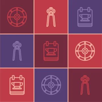 Set line Round shield, Blacksmith anvil tool and pliers icon. Vector Stock Illustration