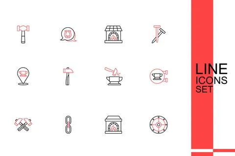Set line Round shield, Blacksmith oven, Chain link, Crossed hammer, anvil t.. Stock Illustration